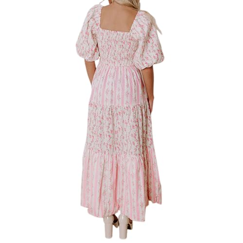 Image of Women Patchwork Dress Y2k Floral Puff Short Sleeve Maxi Dress Summer Boho Smocked Tiered Ruffle Beach Sundress