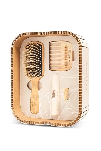 TEK - Hair Pleasure Set, Kit Spazzola e Pettine In Legno, Denti Di Ricambio Inclusi, Set Per La Cura Dei Capelli, Naturale e Artigianale, Perfetto Per Capelli Lunghi