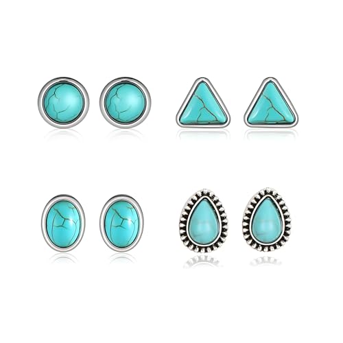 Dreuyet Turquoise Stud Earrings Set for Women Handmade Gemstone Oval Round Flower Cut Shape Square Studs Earrings Boho Turquoise Earrings Trendy Jewelry