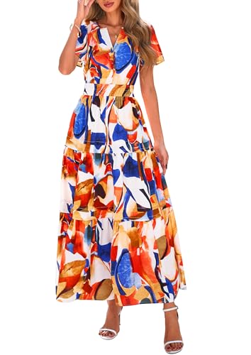 Image of PRETTYGARDEN Women's Summer Boho Floral Maxi Dresses | Bohemian Flower,Short Sleeve V Neck,Elastic Waist,A Line Tiered,Flowy Long,Pockets,Wedding Guest Party,Beach Vacation Outfits