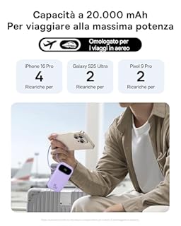 Baseus Powerbank 45W 20000mAh con 2 Cavi USB-C Integrati, Ricarica Rapida Power Bank PD3,0 QC4,0, 3 USB-C, 1 A, Caricatore Portatile per iPhone 16/15/14 Pro Max, iPad, Samsung, Viola