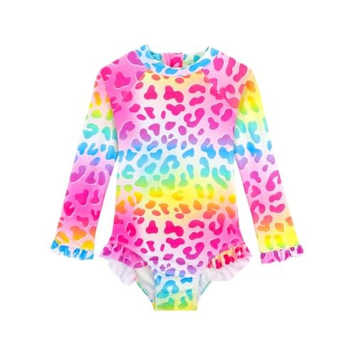 Baby Toddler Girl Long Sleeve Ruffle Swimsuit One Piece Zipper Rash Guard Bathing Suit with UPF 50+ Sun Protection Rainbow Leopard 1-2T