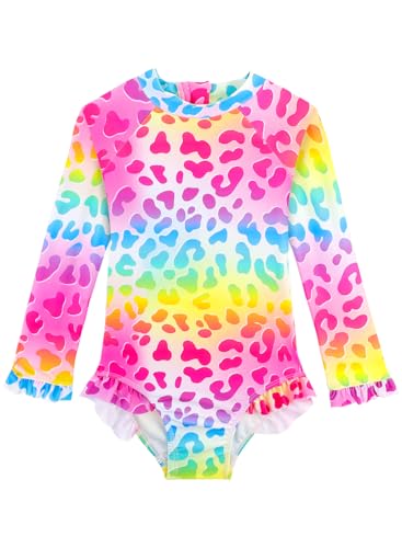 Image of Baby Toddler Girl Long Sleeve Ruffle Swimsuit One Piece Zipper Rash Guard Bathing Suit with UPF 50+ Sun Protection