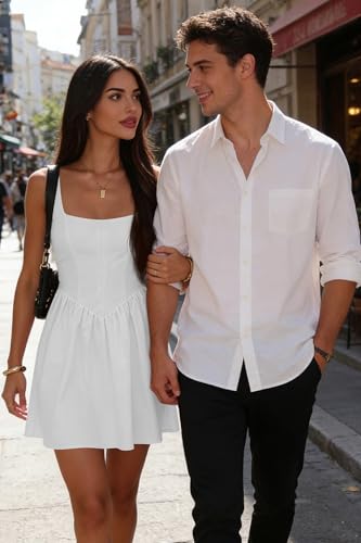 Image of Womens Square Neck Mini Dress Sexy Sleeveless Adjustable Straps Summer Cute A-Line Short Prom Cocktail Party Dresses