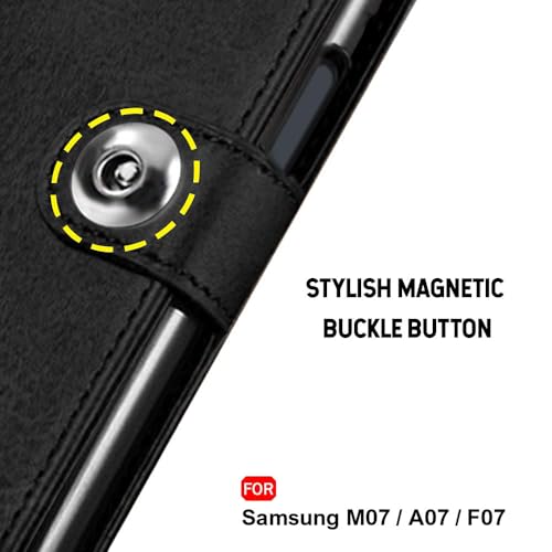 Image of TheGiftKart Flip Cover Back Case for Samsung Galaxy M07 / F07 | Genuine Leather Finish | Designer Button | Inbuilt Pockets & Stand | Wallet Style Flip Back Cover Case (Faux Leather, Black)