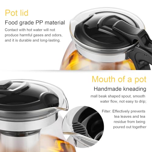 Teekanne Glas 2 Liter Mit Siebeinsatz, Edelstahl Filter Sieb, Bürste - Für Schwarztee, Grüntee und Kräutertee