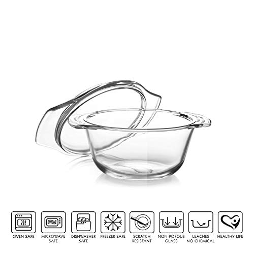 Image of CELLO Angelica Round Casserole Serving Glass Bowl with Lid for Kitchen 2000 ml, Clear | Microwave & Oven Safe, Dishwasher & Fridge Safe Leadfree Toughened Glass Roti Casserole Hot Pot Box for Mixing