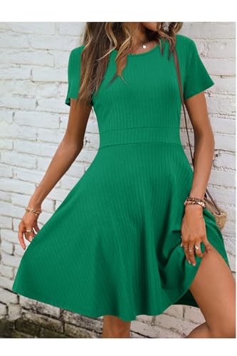 Image of Newshows Womens 2025 Summer Dresses Short Sleeve Ribbed Knit A-Line Swing Beach Vacation Outfits Casual Sundress with Pockets
