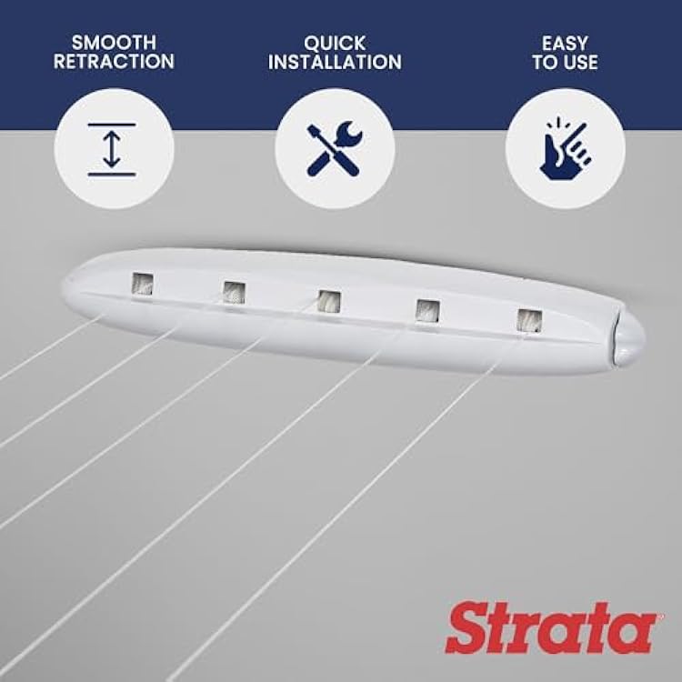 Strata 5-Line Retractable Indoor Clothesline, Adds 51 Feet of Drying Space, Wall Mounted Clothes Line, Easy to Install Retractable Laundry Line, Adjustable Indoor Clothesline for Air Drying Clothes