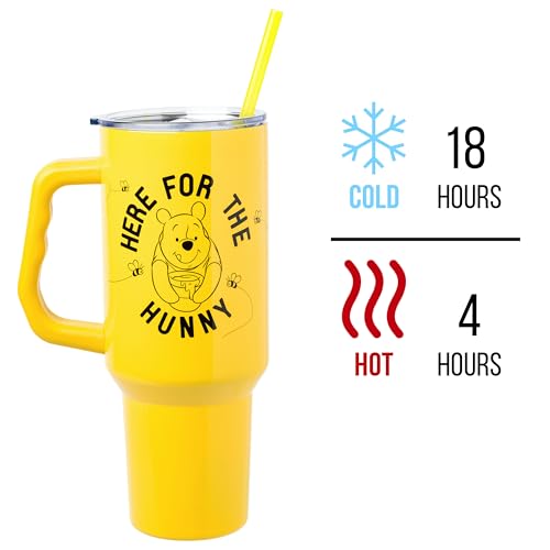 Image of Silver Buffalo Disney Winnie the Pooh inchHere for the Hunny inch Double Walled Stainless Steel Tumbler with Handle and Straw, Fits in Standard Cup Holder, 40 Ounces