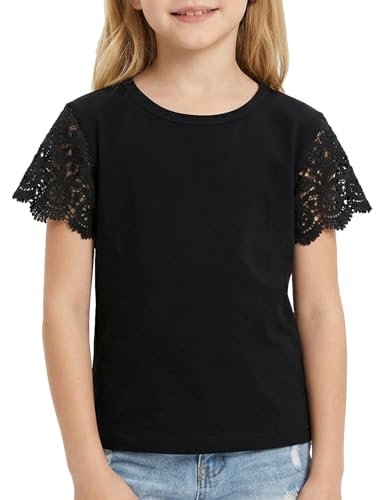 Image of Noomelfish Girls Lace Short Sleeve T-Shirts Kids Summer Cute Tops Blouse(5-12 Years)