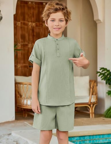 Image of Arshiner Boy's 2 Pieces Linen Sets Short Sleeve Henley Shirt and Shorts Summer Beach Matching Outfits 4-12 Years