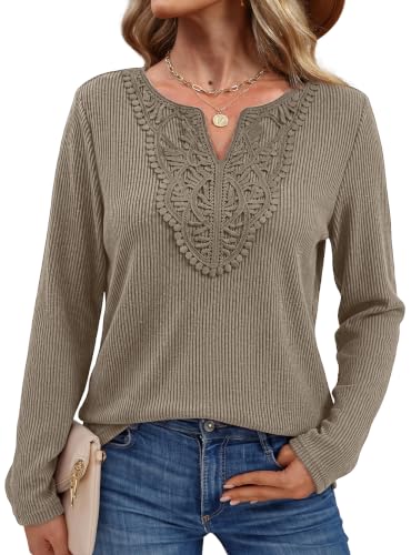 WIHOLL Womens Long Sleeve Tops V Neck Boho Lace Shirts 2026 Fall Fashion Clothes