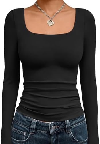 Trendy Queen Womens Long Sleeve Shirts Crop Tops Basic Double Layering Tight Slim Fit Y2K T Shirts Winter Clothes 2024