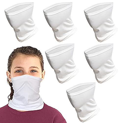 Kids Face Scarf Mask, 6-14 Years Kids Cooling Neck Gaiter Scarf, Breathable Bandana Face Mask for Boys Girls,6 PACK,Washable (White)