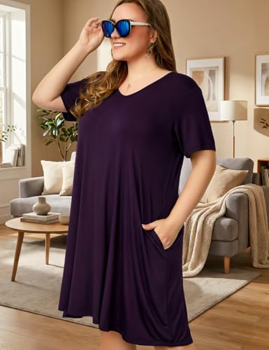 Image of OVERWORETY Womens Short Sleeve Plus Size T-Shirt Dress V Neck Casual Loose Swing A-Line Summer Tunic Dresses with Pockets