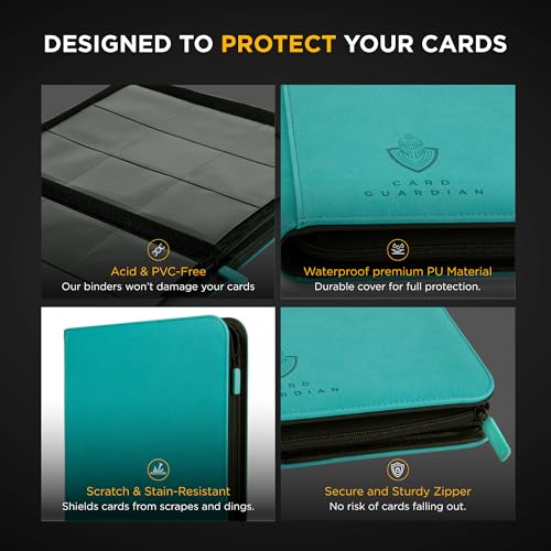 Image of Card Guardian - 9 Pocket Premium Black Binder with Zipper for 360 Cards - Side Loading Pockets for Trading Card Games TCG (Teal)