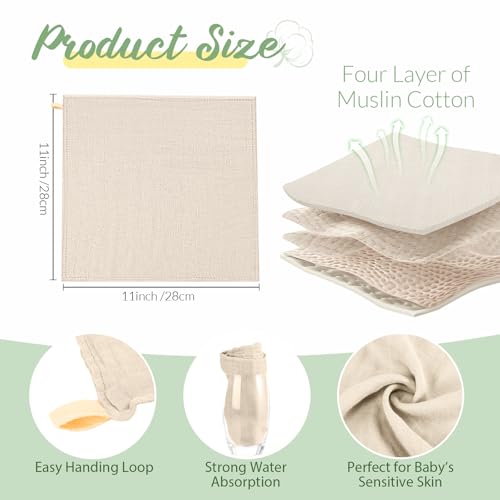 Image of Preboun 6 Pcs Muslin Hooded Baby Towels and Washcloths 32 inchx 32 inch Cotton Newborn Bath Towel Anti-Shrink Infant Baby Blankets with Hood 12 inchx 12 inch Washcloths for Girl Boy Toddler(Ivory,Green)