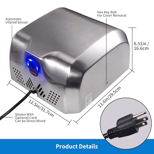 Goetland Stainless Steel Commercial Hand Dryer 1800w Automatic High Speed Heavy Duty Dull Polished