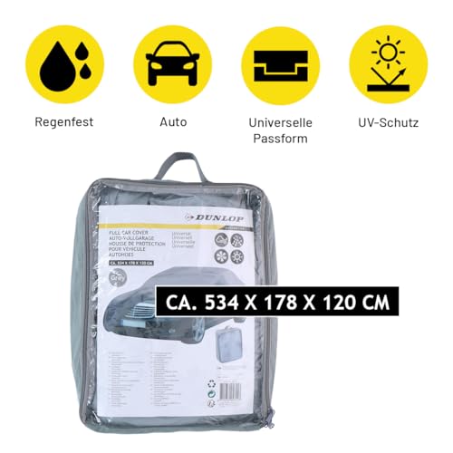 Dunlop Abdeckplane Auto XL - Universal Autoabdeckung - Plane 534 x 178 x 120 cm - Hagelschutzplane mit elastischem Kordelzug und Ringen - Wasserdicht für Innen und Außen - Grau