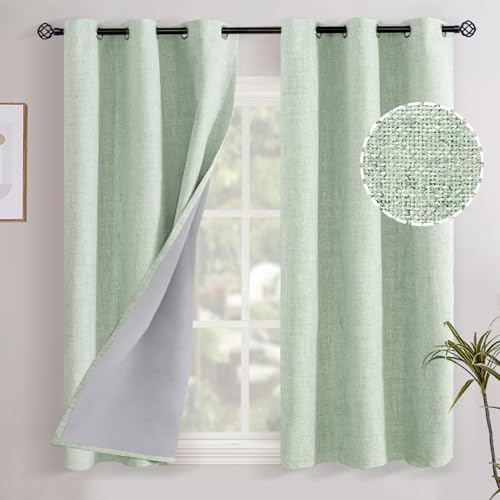 Image of YoungsTex Sage Green Linen Blackout Curtains 45 inch Length for Bedroom, Thermal Insulated Short Drapes with Grommet Full Room Darkening Rustic Burlap for Kitchen Window, 2 Panels, 42 X 45 Inch