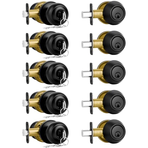 Plustool 5 Pack Front Door Lock Set Matte Black,Exterior Door Lock Set with Deadbolt,Single Cylinder Deadbolt Lock and Door Knob Set,Keyed Alike Door Knobs with Lock&Keys,Round Ball Entry Door Lockset