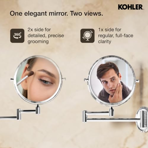 Image of Kohler Lison Detailing Mirror with 2x Magnification | Wall Mounted Round Mirror | Swing-out Extendable Frame | Double Sided Mirror for Shaving, Makeup | 3 Years Warranty, 180 mm