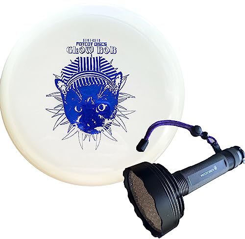 FotCot Discs GlowBob Glow in The Dark Midrange Disc Golf Night Light Up Grip PDGA Approved Premium Plastic Recharge Cat Bob Stamp Black Blue Flashlight Combo Packs (GlowBob Blue + Jumbo Flashlight)