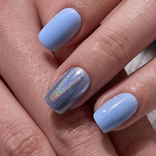 Image of CurvLife Soft Gel Summer Square Press-On Nails Short, Reusable Fake Nails with Glue & Adhesive Tabs, 30PCS Salon-Quality Stick-On Nails for At-Home Manicure (Sky Prism)