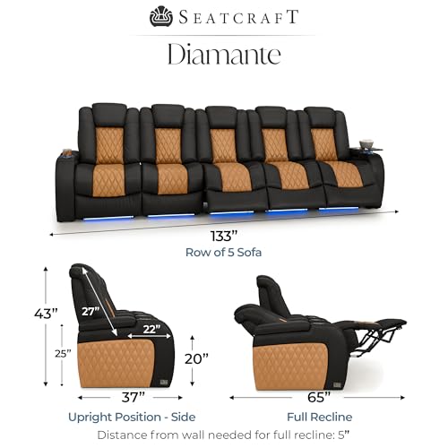 Image of Seatcraft Diamante Black /Tan Oak Italian Leather Home Theater Seating, Zero Gravity Power Recliner, Gaming and Home Office Chair, Powered Headrest Furniture for Family Cinema Room, Row of 5 Sofa