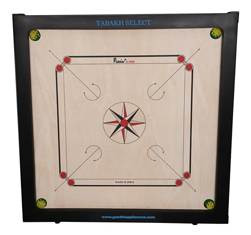 T TABAKH Precise Select 8mm Carrom Board with Coins, Striker, and Powder, Black, 4 Players, Ages 13 and Up