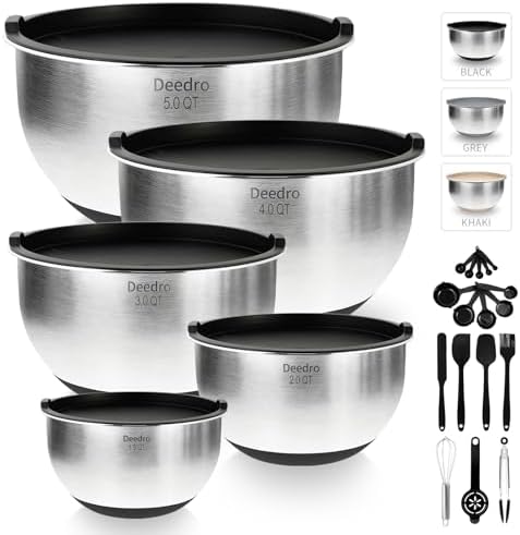Deedro Premium Mixing Bowls with Airtight Lids Set, 22Pcs Thicker Stainless Steel Mixing Bowl Set, Large Prep Metal Bowls, Non-Slip Silicone Base Nesting Bowls for Kitchen, 1.5/2/3/4/5 QT, Black - Thumbnail 5