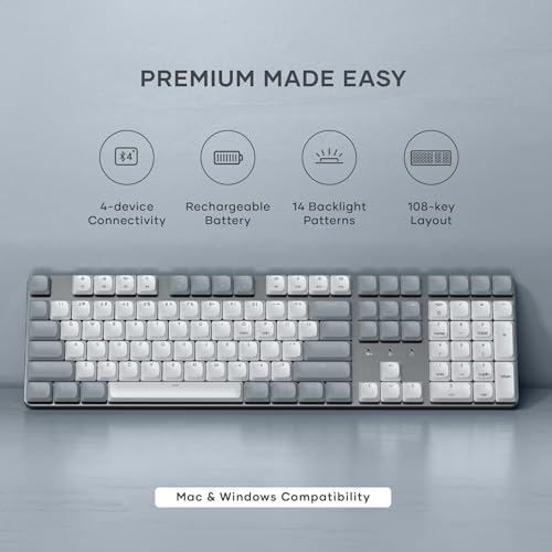 Satechi SM3 Mechanical Keyboard for Mac and Windows, 108 Keys Full Size with White LED Backlit, Wired and Bluetooth for Mac and Windows - Light Gray/White