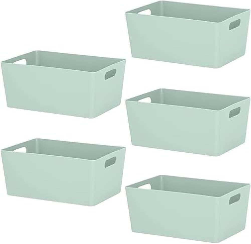 NIFTII Paquete de 5 cestas de almacenamiento de plástico con asas de 3,9 L, color salvia, organizador rectangular de almacenamiento para armario, cajas de almacenamiento de ropa, cestas de