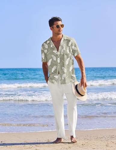 Image of COOFANDY Men 2 Piece Linen Outfit Beach Button Down Shirt Casual Loose Pant Sets