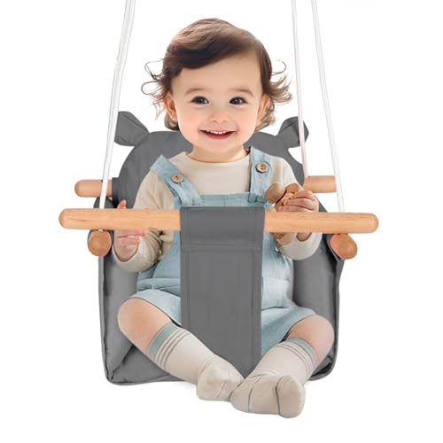 Balançoire en Bois pour Bébé, Balançoire pour Enfants Ours, à partir de 6 Mois, Installation Intérieure/Extérieure, Charge Max 25 kg (Gris)