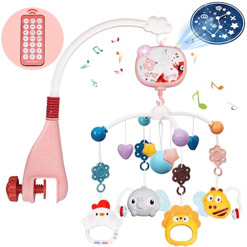 Image of Crib Mobile with Music and Lights, Baby Mobile for Crib Toys with Rotation, Remote Control, Projection, Nursery Crib Musical Mobile for Bassinets Arm Clip On Hanging for Infant Boys Girls Toddles Pink