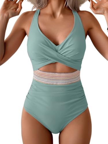 Image of B2prity Women's One Piece Swimsuit Tummy Control High Waisted Bathing Suit | Color Block,Removable Soft Cups,Cutout,V neck,Full Coverage,Adjustable Criss Cross Straps,Tie Back