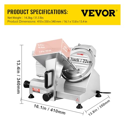 Image of VEVOR Commercial Meat Slicer, 200W Electric Deli Food Slicer, 0-12mm Adjustable Thickness Electric Meat Slicer, 350-400RPM Slicer with 8.7'' Chromium-plated Steel Blade for Home & Commercial Use