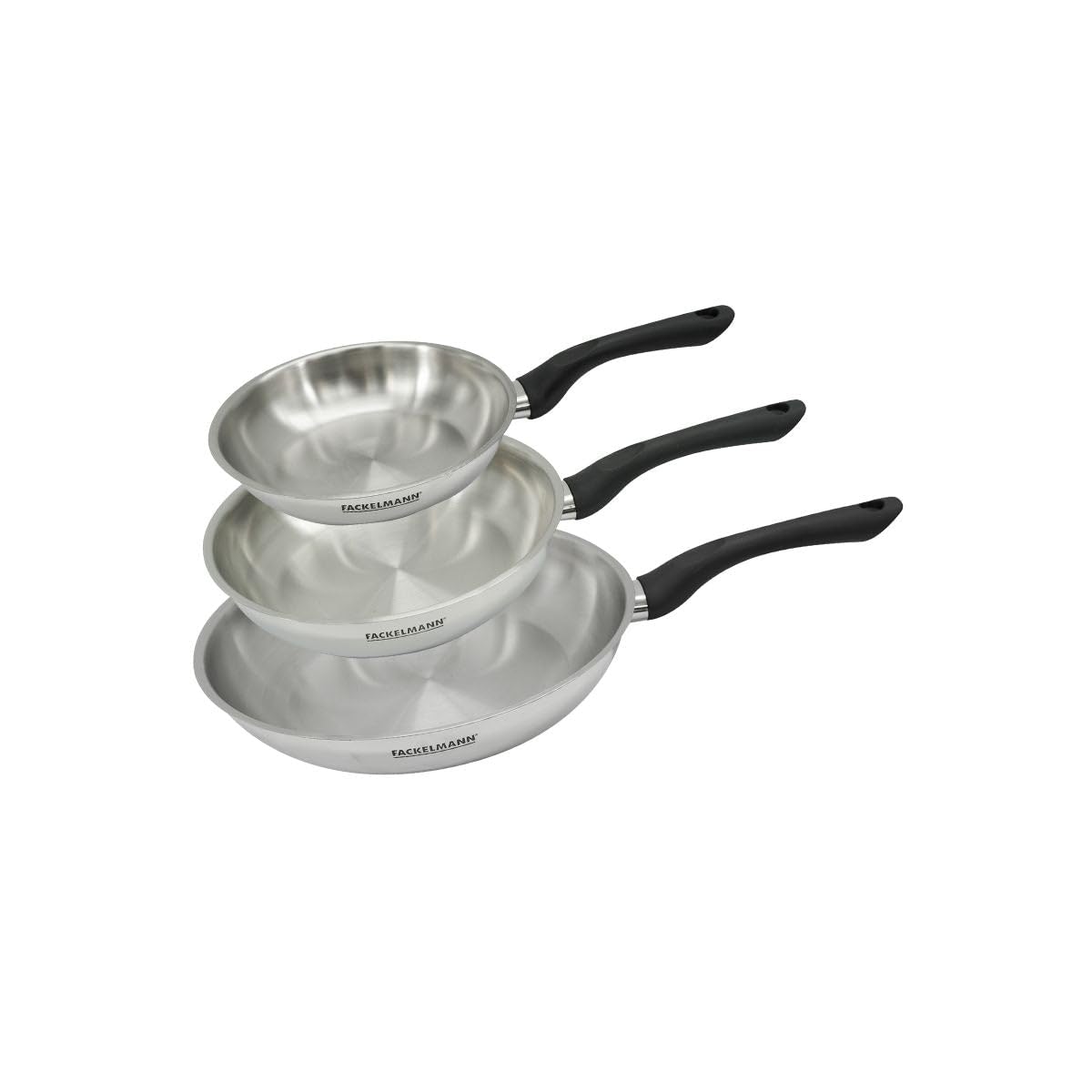 Fackelmann 9441450 - Set 3 padelle 20 24 e 28 cm, in acciaio inox 18/8, padella da cucina, tutti i fuochi, induzione, senza PFAS, acciaio inossidabile 18/8, 20 24 e 28 cm