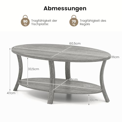 COSTWAY Couchtisch, ovaler Wohnzimmertisch mit Ablage, 2-stöckiger Beistelltisch, Sofatisch, Kaffeetisch für Wohnzimmer, Büro, Empfangsbereich, 111 x 60,5 x 47 cm (Grau) – Bild 4