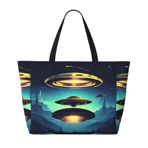 Spacecraft descend Large capacity beach bag with zipper, perfect for grocery bag pool gym travel shopping foldable beach travel bag,2