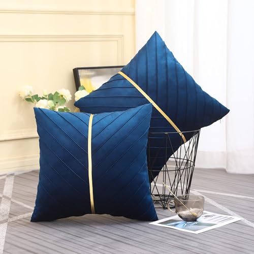 Image of Velvet Throw Pillow Covers 16x16 Pack of 2 Gold Decor Navy Blue