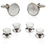 Mother of Pearl Cufflinks and Studs Tuxedo Set White Silver Formal Set Round Tuxedo Formal Set with Presentation Idea Box Mens White Wedding Studs Set