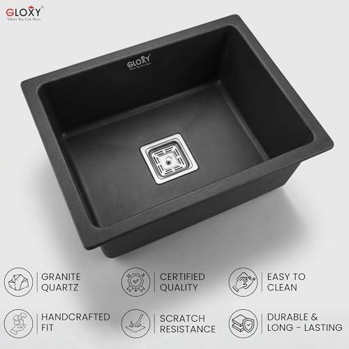 Image of Gloxy Premium Granite Quartz Kitchen Sink 16 inch x 18 inch x 9 inch - Black Matte Finish Quartz Sink with Coupling Pipe and Drain Basket - Single Bowl Sink Undermount /Topmount Installation - 3 Years Warranty