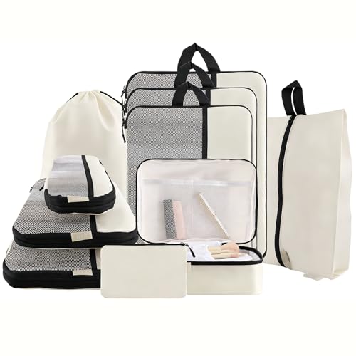 U+U 10 Set Compression Packing Cubes - Ultralight Cream Travel Organizers with Laundry Bag, Space-Saving Suitcase Organizer, Expandable Packing Cubes for Travel and Family Vacation (Cream)
