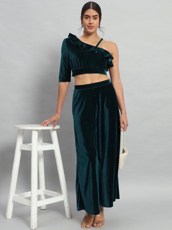 Image of Vaararo Velvet Co-Ords for Women | One Sleeve Crop Top with Palazzo Set Casual Party Dress
