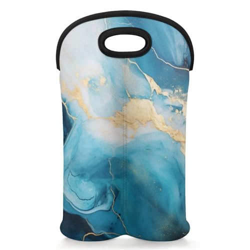 GzLeyigou 2 Bottles Blue Marbling Wine Bag Sleeve Totes Neoprene Protective Wine Carrier Bag for Wine,Water, Champagne, Beer, Baby Bottles,Gift 14.5 x 10 Inches