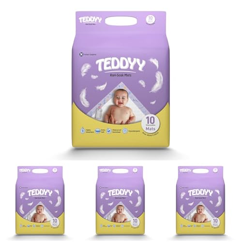 Image of TEDDYY Baby Disposable Rapi-Soak Changing Mats Size - 60 X 60 Cm | 10 Count | Highly Absorbent | Unisex | Anti-Rash | Extra Soft top layer | Anti-Bacterial & Leak- Proof (Pack of 4)