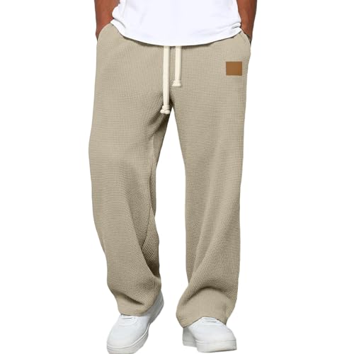 Mens Waffle Knit Trousers Straight Loose Legs Casual Jogging Bottoms Baggy Textured Pants Comfy Sports Soft Casual Lounge Trousers with Pockets